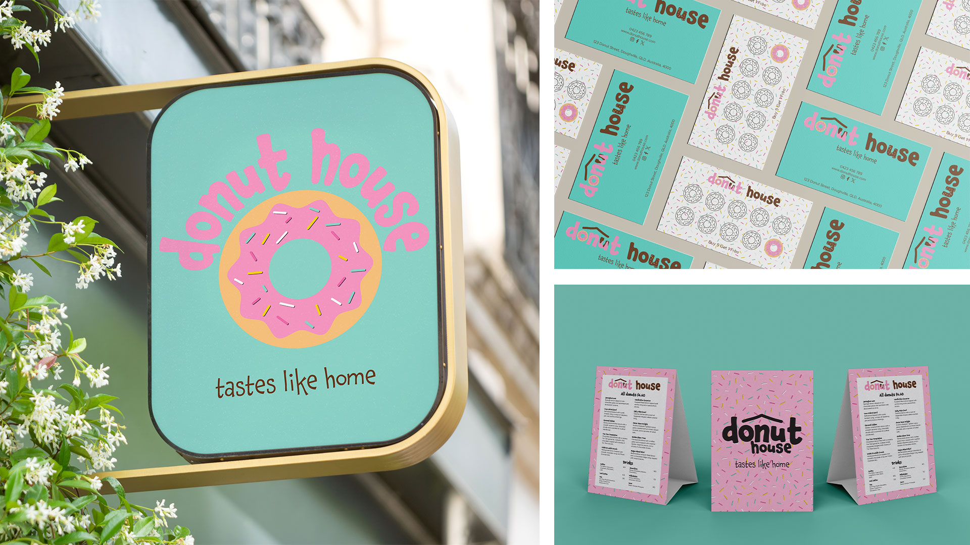 Donut House branding materials, including a sign, business cards, and menus with a teal and pink theme.
