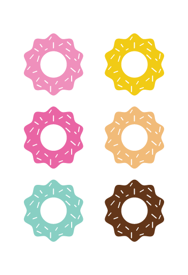 Six colourful donut icons with sprinkles in various colors, including pink, yellow, and brown.
