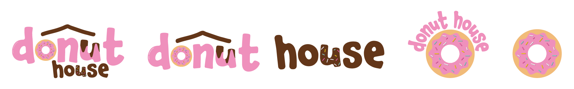 Multiple variations of the Donut House logo featuring playful fonts and donut illustrations.