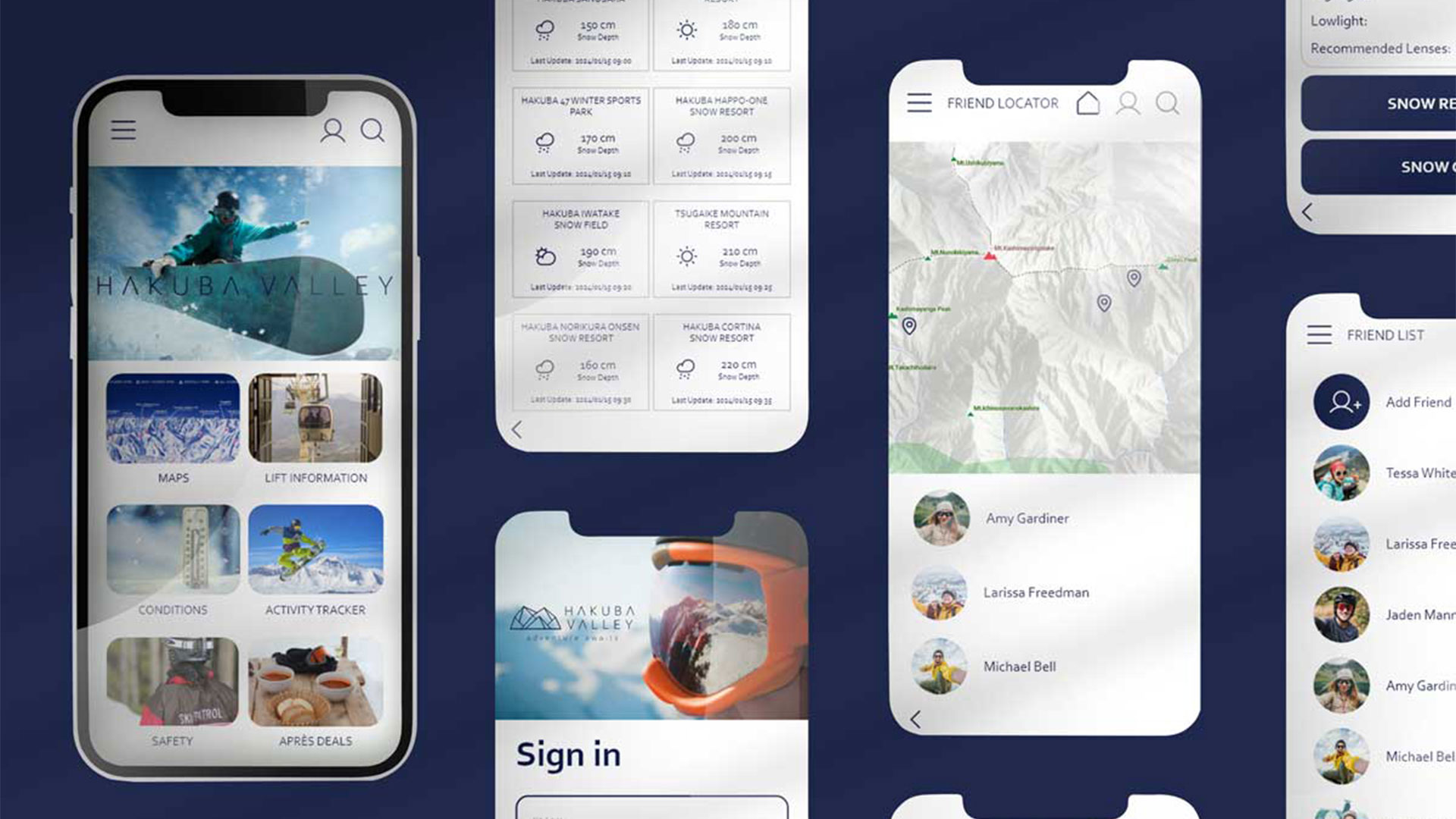 Detailed view of the Hakuba Valley app interface with maps, conditions, and activity tracker.