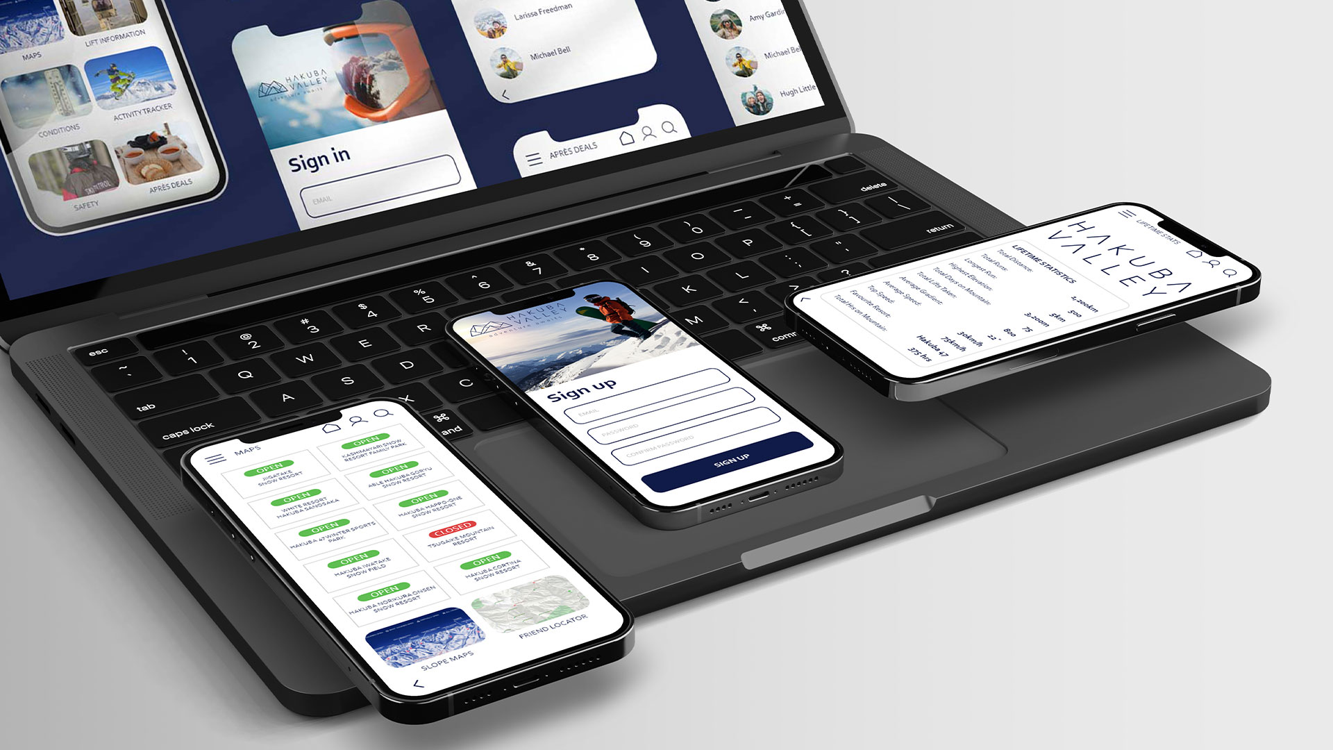 UX/UI design mockup for Hakuba Valley app displayed on a laptop and smartphones.