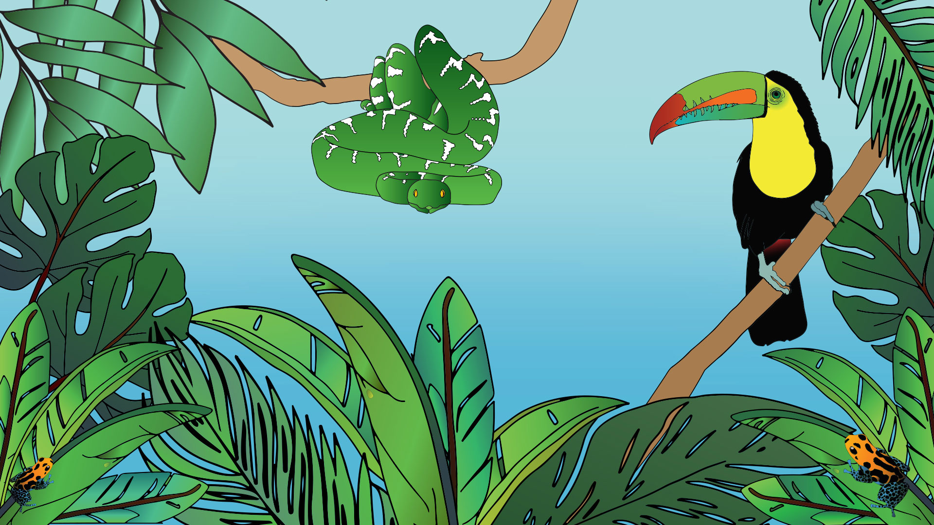 Jungle scene with a green snake on a branch and a toucan perched nearby amidst lush foliage.
