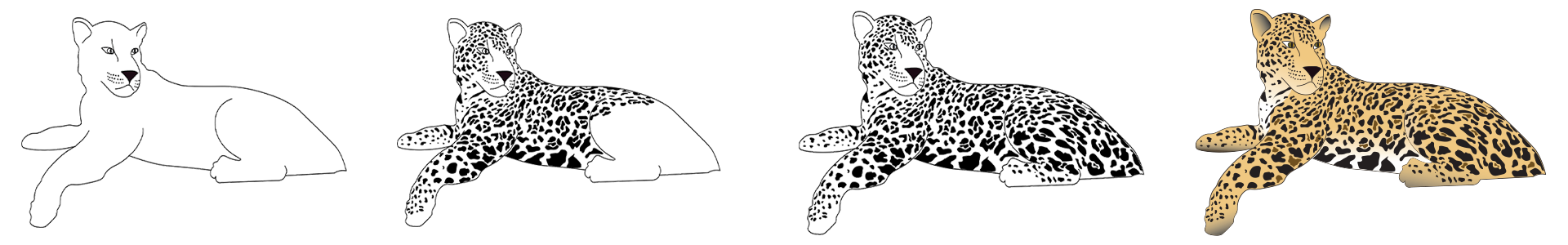 Step-by-step illustration of a jaguar from outline to full colour.