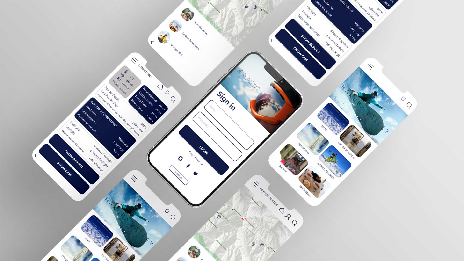 UX/UI design mockup for the Hakuba Valley app, showing multiple screens with login and snow report features.