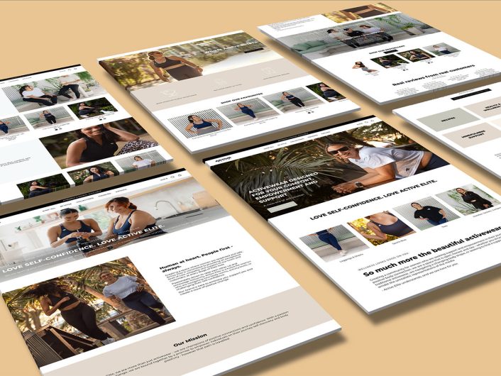 Layout of an activewear website design by Chantal, featuring various product pages and lifestyle images.