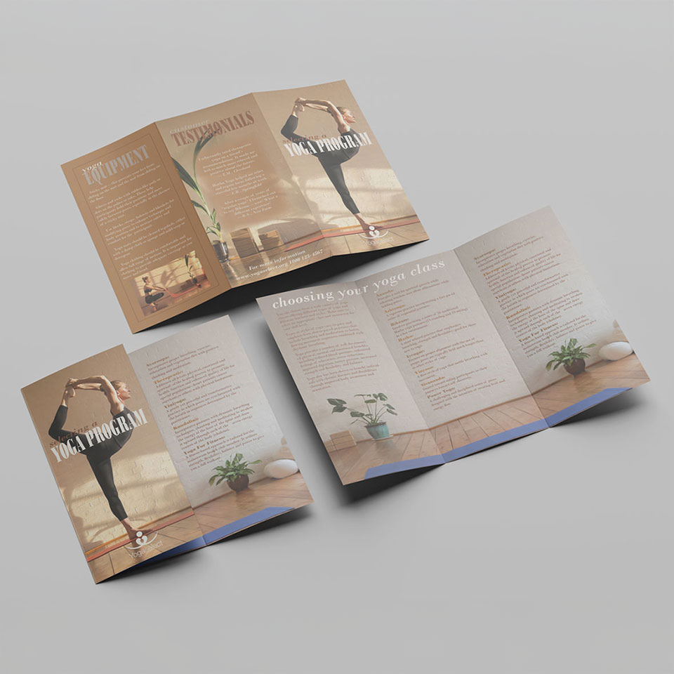 Yoga Select brochure featuring yoga programs and testimonials with serene imagery.