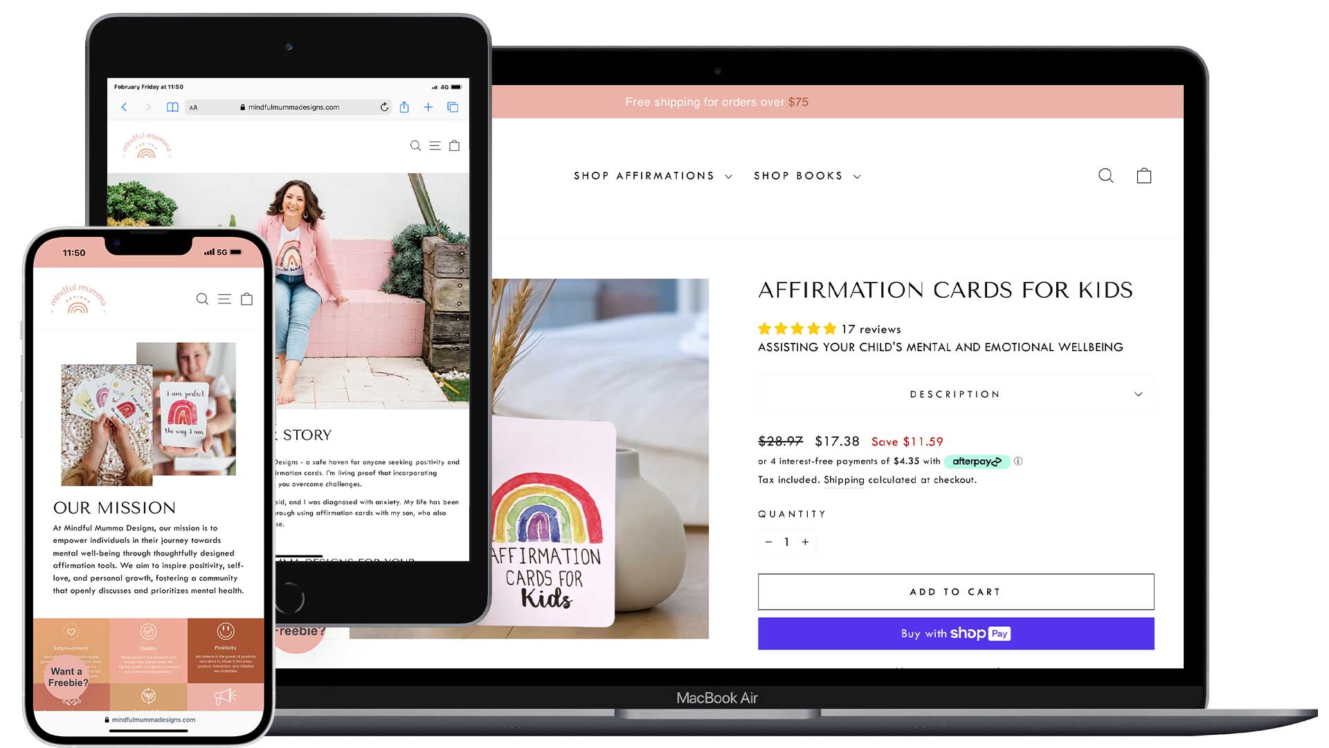 A laptop, tablet, and smartphone showcase a website exhibiting sleek website design for selling affirmation cards for kids. The laptop reveals a product description and price; the tablet highlights a lifestyle image with a woman and child, while the smartphone displays the mission statement.