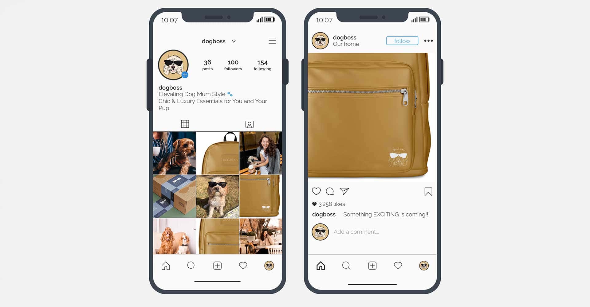 Two smartphones display a dog-themed Instagram profile. One shows the profile grid with dog and product photos; the other highlights a close-up of a mustard-yellow bag with a dog logo and a caption about something exciting coming.
