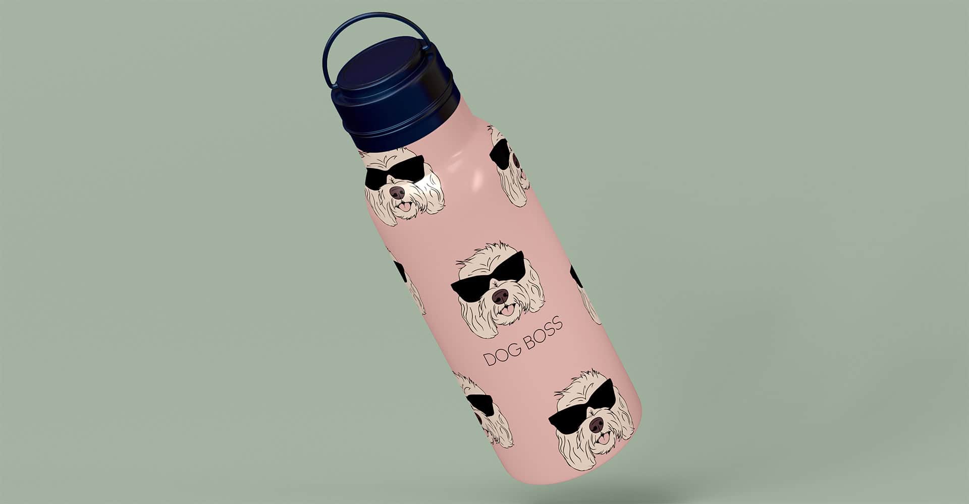 A pink water bottle with a navy blue lid, decorated with cartoon dogs wearing sunglasses and the words DOG BOSS printed on it. The background is a muted green color.